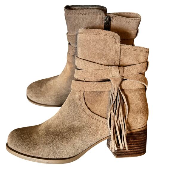 Uggs Koolaburra Suede Tassel Stacked Heel Western Boots Women’s Size 8 Tan Kenz - Picture 1 of 14